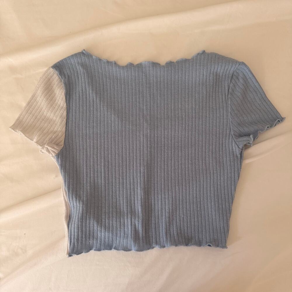 Shein Color Block Ribbed Baby Tee Small Asymmetrical Button Y2K Top - Picture 9 of 9
